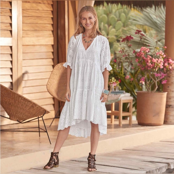 Sundance Jasmine Eyelet Midi Dress Womens Large Woven Cotton High Low Hem V-Neck - Picture 3 of 16